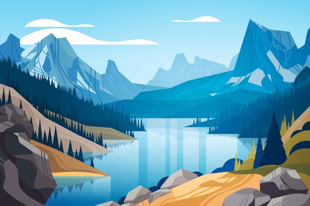 panoramic view of lake in mountains raging mountain river beautiful nature landscape background summer vacation traveling concept horizontal vector illustration