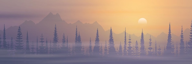 Vector panoramic view of the morning landscape the sun rises forest and mountains