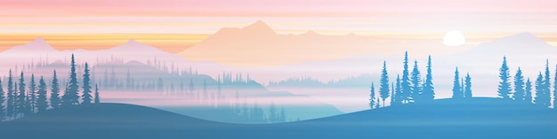 Panoramic view of the mountain range in the morning haze