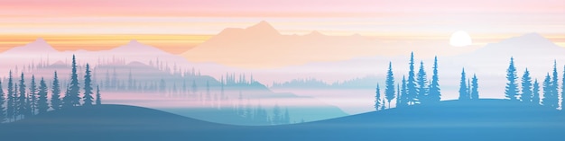 Vector panoramic view of the mountain range in the morning haze