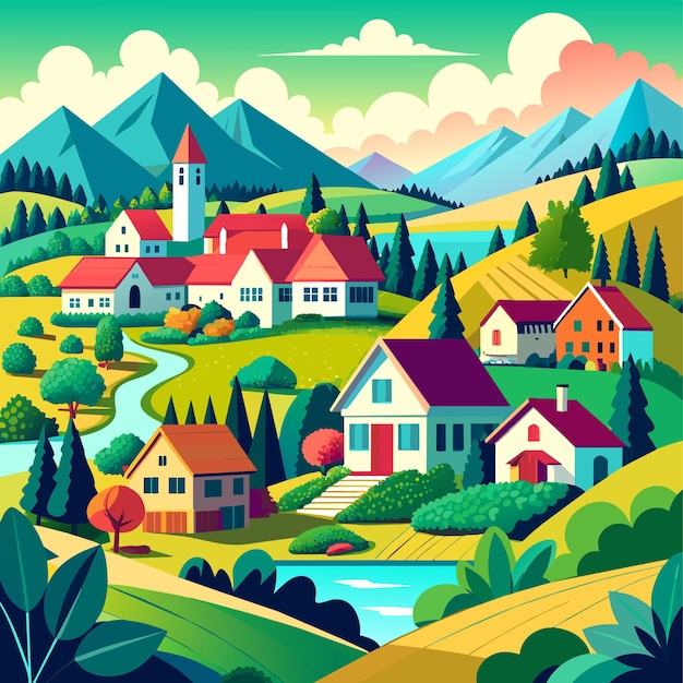 Вектор panoramic view of suburban village vector illustration