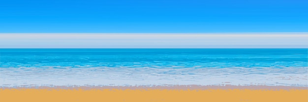 Вектор Панорамный вид на песчаный пляж моря, размытый летний фон, голубое небо, море и желтый песок