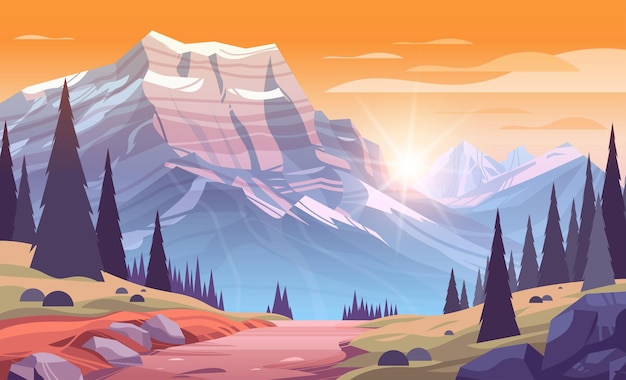 Vector panoramic view of rocky mountains beautiful nature sunset landscape background summer vacation traveling concept horizontal vector illustration