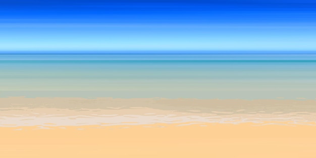 Panoramic view of the sandy beach of the sea, blurred summer background, blue sky, sea and yellow sand