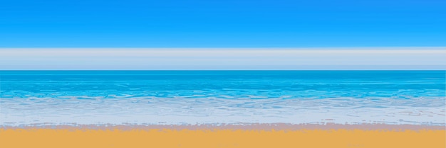 Panoramic view of the sandy beach of the sea, blurred summer background, blue sky, sea and yellow sand