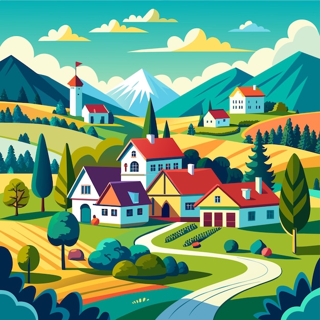 Panoramic view of suburban village vector illustration