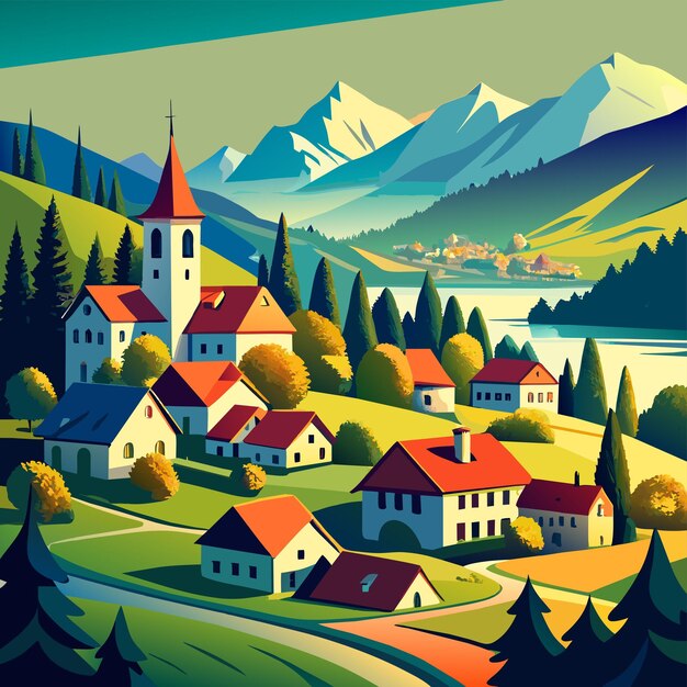 Panoramic view of suburban village vector illustration