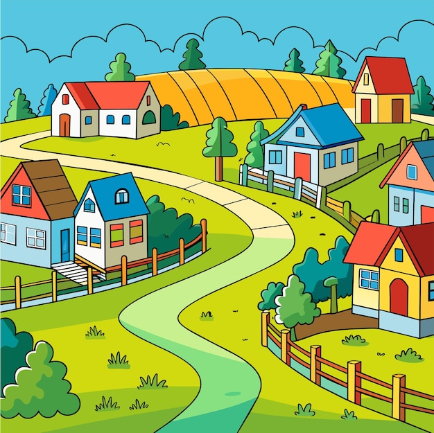 Vector panoramic view of suburban village vector illustration