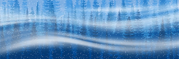 Панорамный вид на зимний лес, метель, снегопад