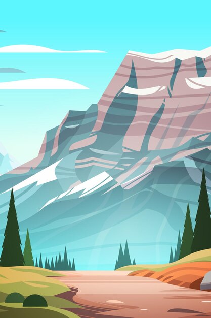 Vector panoramisch uitzicht op rocky mountains prachtige natuur landschap achtergrond zomervakantie reizen concept verticale vectorillustratie