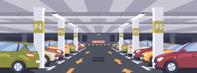 Panoramisch zicht op de stedelijke ondergrondse parkeergarage vol geparkeerde auto's. Keldergarage-interieur met markeringen, borden, kolommen en gereserveerde parkeerplaatsen. Gekleurde platte vectorillustratie.