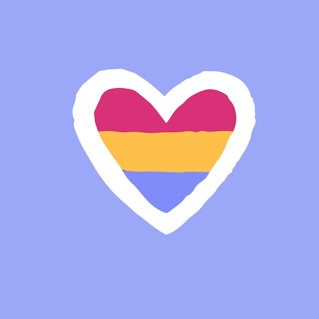 Pansexuele trotsvlag in hartvorm Bisexuele liefde LGBTQ-symbool regenboog sticker met roze geel cyan Seksuele oriëntatie zelfbeschikking Platte met de hand getekende geïsoleerde vectorillustratie