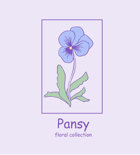 Pansy Logo Trendy botanical elements Hand drawn line leaves and flowersflower illustration