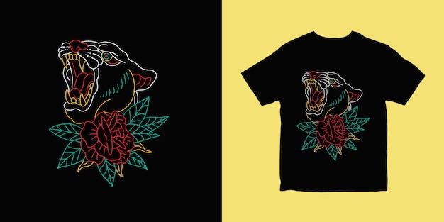 Panther flower outline illustration tshirt design