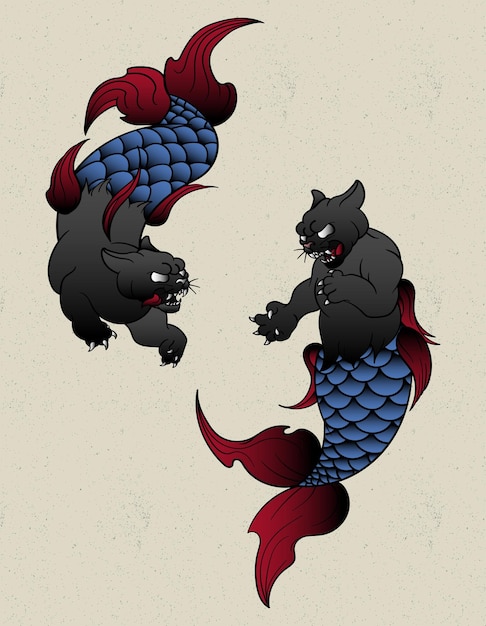 Vector panther tattoo koi fish