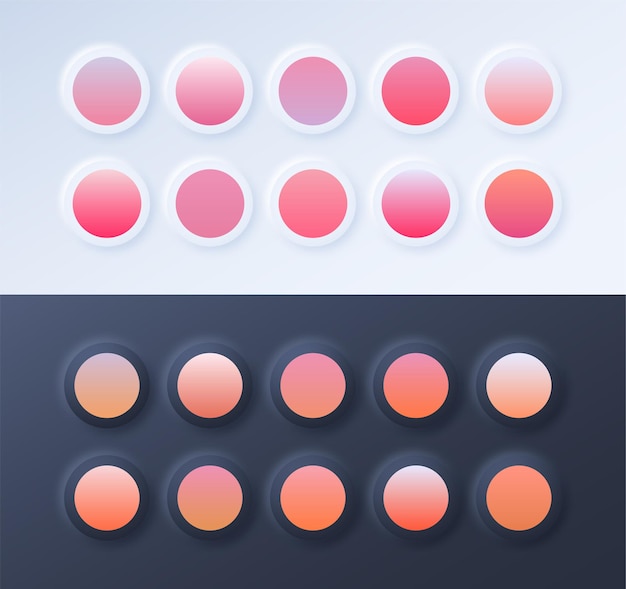 Vector pantone color gradient guide palette catalog samples pink and orange neumorphism style