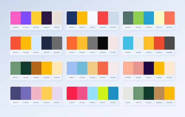 RGB HEX의 Pantone 색상 팔레트 카탈로그 샘플. 새로운 패션 컬러 트렌드. 색상의 예.