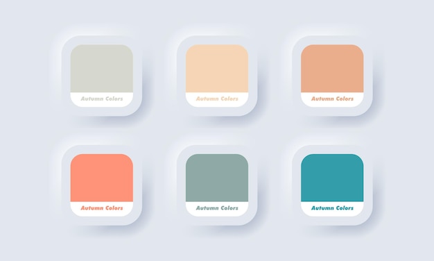 Pantone palette. Autumn palette color in RGB HEX. Color Catalog. Neumorphic UI UX white user interface web button. Neumorphism. Vector EPS 10.