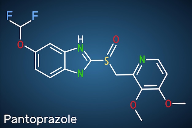 Pantoprazole molecule drug structural formula on the dark blue background