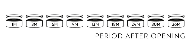 PAO vector icon set. Period after opening symbols. Can with open cap with expiration period in months.