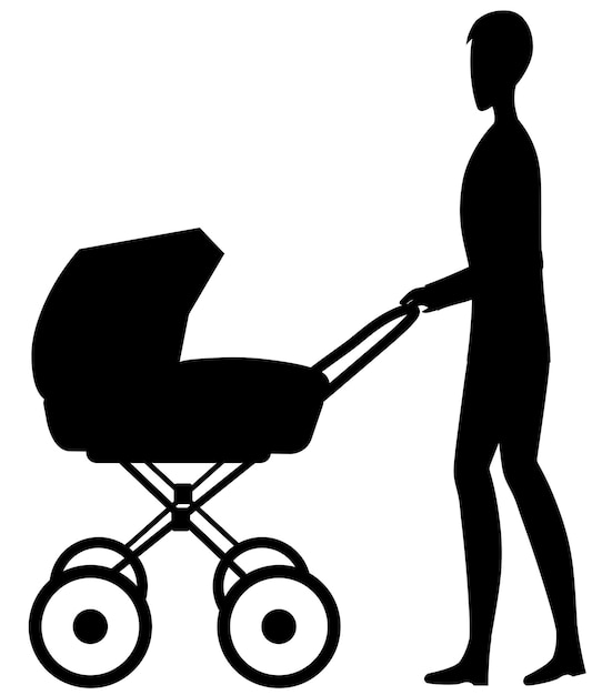 Papa met kinderwagen zwart-wit