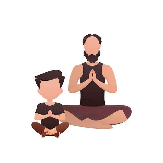 Papa met zoontje zitten mediteren Geïsoleerde Cartoon-stijl