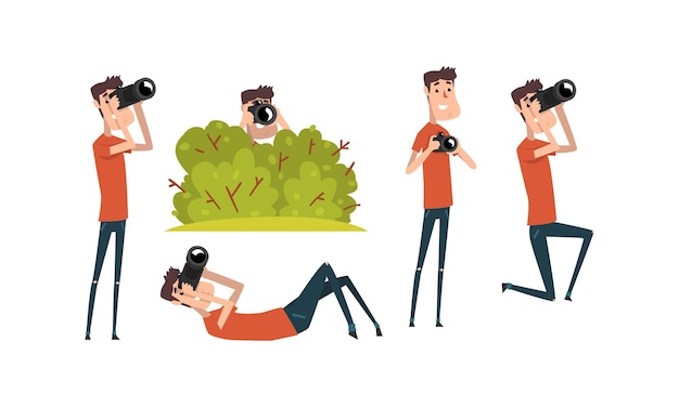 Paparazzi Taking Photo with Digital Camera Set Photographer Cartoon Character Shooting with Camera Creative Profession or Occupation Vector Illustration