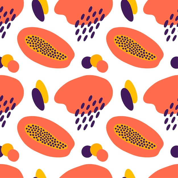 Papaya and abstract shapes on vector seamless pattern