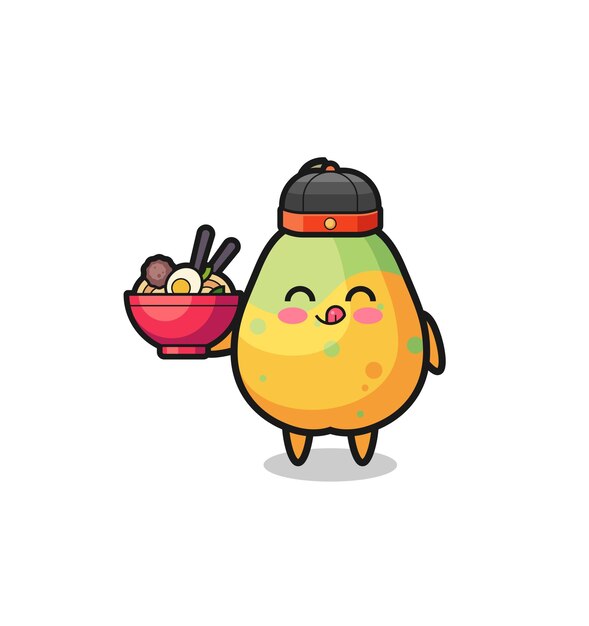 Papaya as chinese chef mascot holding a noodle bowl  cute design