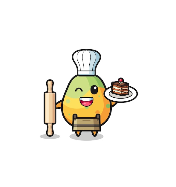 papaya as pastry chef mascot hold rolling pin
