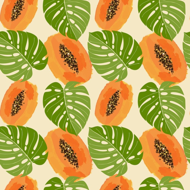 Papaya en monstera blad zomer naadloos patroon