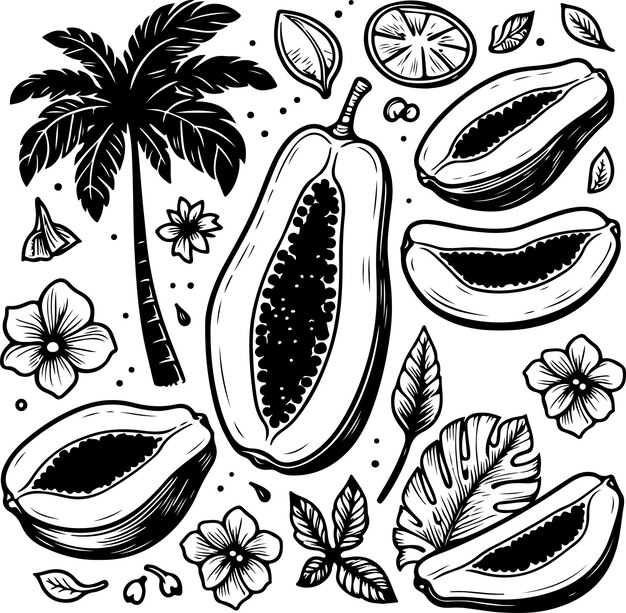 Vector papaya fruit black outline illustration coloring book