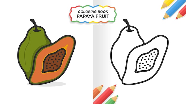 Papaya fruit hand drawn coloring book for learning. Flat color ready to print