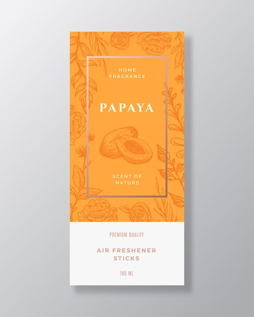 Modello di etichetta di vettore astratto di fragranza per la casa di papaia schizzo disegnato a mano fiori foglie sfondo e...