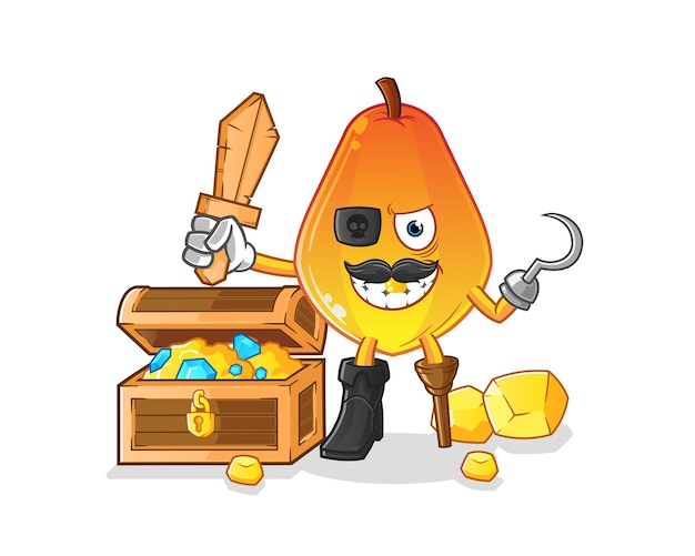 Pirata della papaia con la mascotte del tesoro isolata su bianco