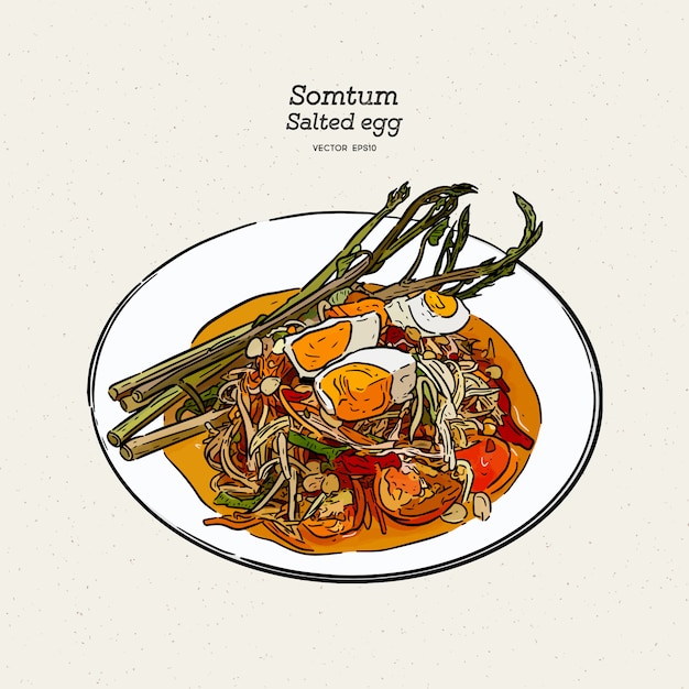 Vector papaya salad with salted egg illustration