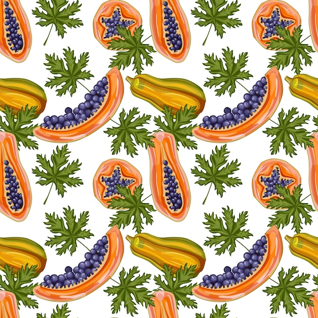 Papaya seamless pattern. Hand drawn pawpaw wallpaper. Design for wrapping paper, textile print. Vector illustration
