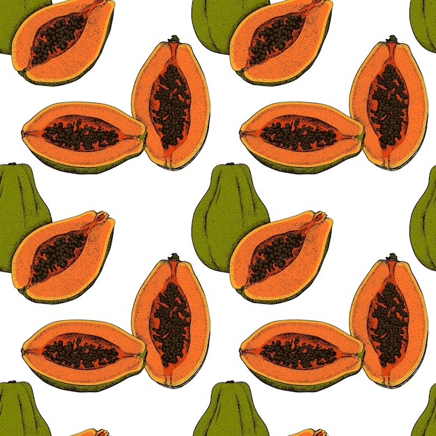 Papaya seamless pattern. Vector illustration. Exotic summer fruit seamless design