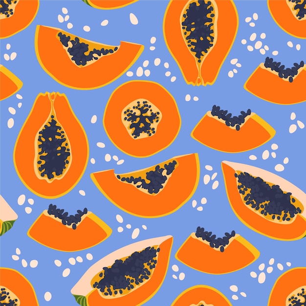 Vector papaya seamless pattern in vector. orange papaya pattern.  hawaiian fruits.