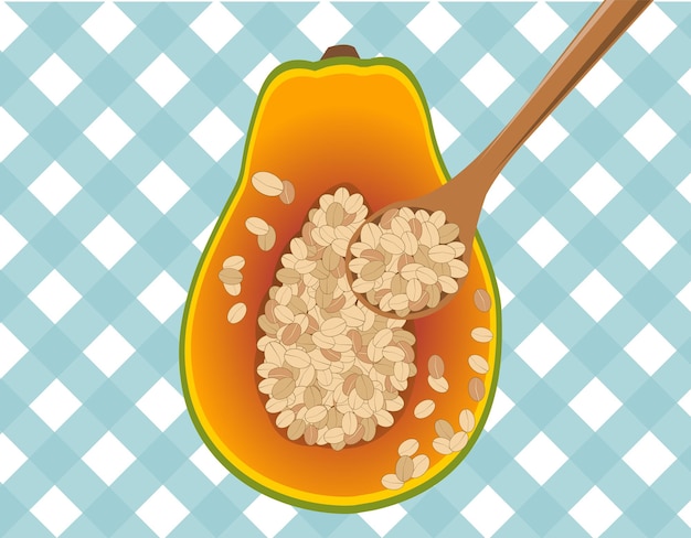 Vector papaya with oatmeal and wooden spoon