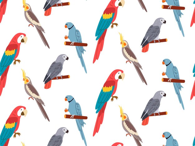 Papegaaien exotisch naadloos patroon Eindeloze tropische achtergrond jungle vogels Herhalende printontwerp Kleurige platte vector illustratie voor textiel behang