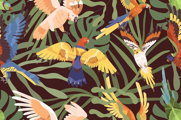 Papegaaien in oerwoudpatroon. Naadloze achtergrond met tropische vogels en palmtak. Eindeloos herhalende print met exotische ara's, bladeren en bladplanten voor behang. Gekleurde platte vectorillustratie