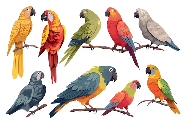 Papegaaien stellen kleurrijke cartoonillustraties voor met een heerlijke set flatdesign-papegaaien