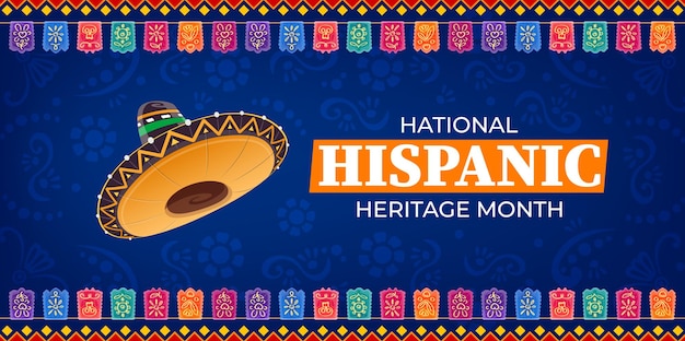 Papel picado flags and sombrero on national hispanic heritage month festival banner Vector background for celebration annual event honoring the rich cultural contributions of spanish community