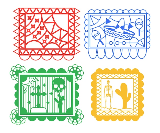 Papel picado Mexicaanse geperforeerde papieren vector set geïsoleerd op een witte achtergrond