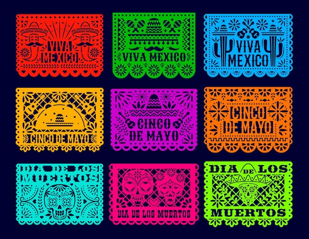 Papel picado mexican dia de los muertos holiday flags day of the dead paper cut banners Isolated vector laser cutting templates traditional Mexico decoration with floral pattern skulls peppers