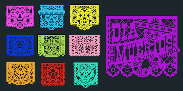 Papel picado, mexican paper and pecked flags, . mexico fiesta decoration papel picado traditional design for day of dead dia de muertos, paper cut skull in sombrero and flowers ornament