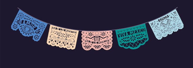 Papel picado, giornali beccati messicani per dead day significa dia de los muertos, festa della morte in messico. banner con ornamento ispanico, lacci traforati appesi a spago. illustrazione vettoriale piatta colorata