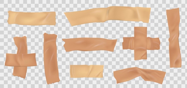 Paper adhesive tape. Masking scotch pieces torn edge. Realistic sticky paper stripe. Ripped medical bandage with folds vector set. Adhesive masking sticky, scotch tape stick wrinkled illustration