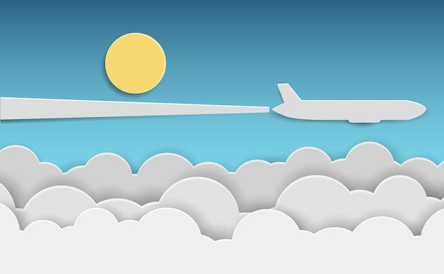 Paper airplane flying above clouds in blue sky. vector illustration